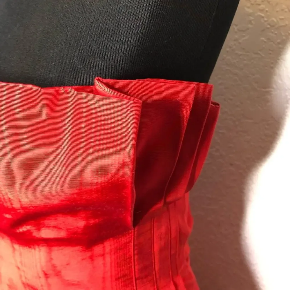 Vintage red silk pleated gathered strapless formal dress size 6